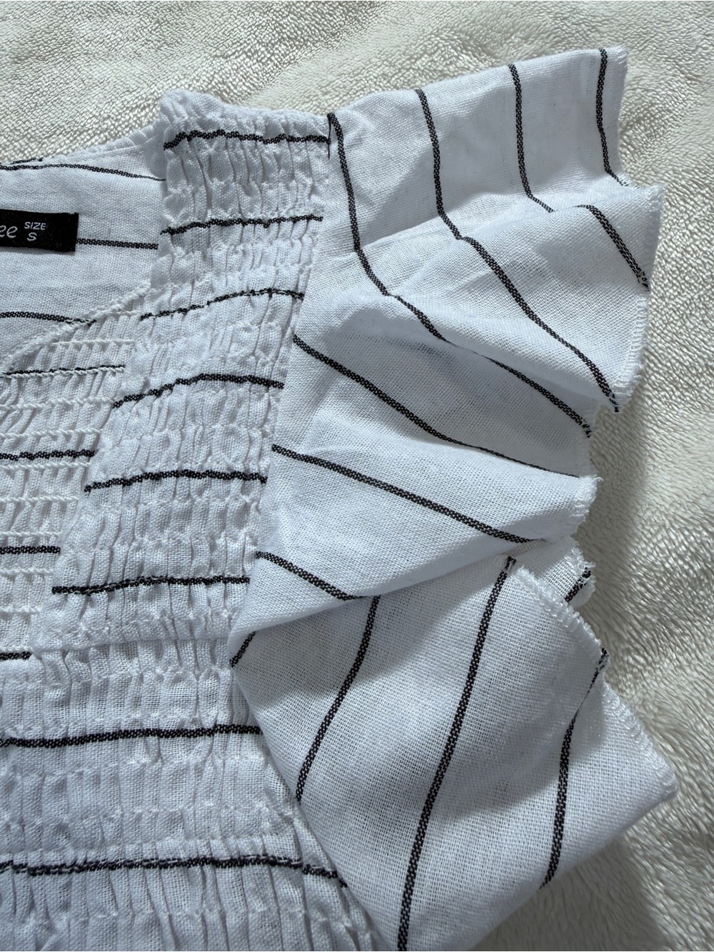 Simplee White Black Striped Smocked Midi Dress Linen Blend Flutter Sleeve Small - Picture 5 of 11